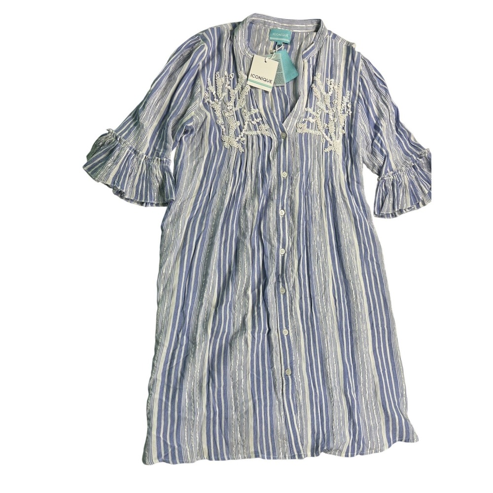 NWT Iconique Blue White Striped Beaded Cover Up Dress M Resort Beach